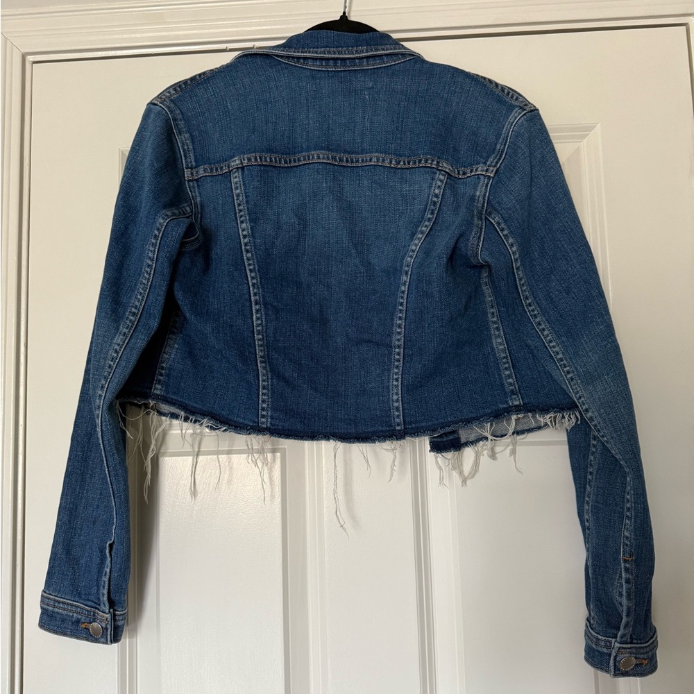 L’AGENCE Zuma Cropped dark blue jean Denim Jacket S Raw Edge Button Front - Picture 3 of 6